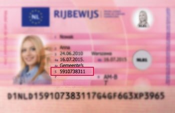 Voorbeeld documentnummer op Nederlands rijbewijs